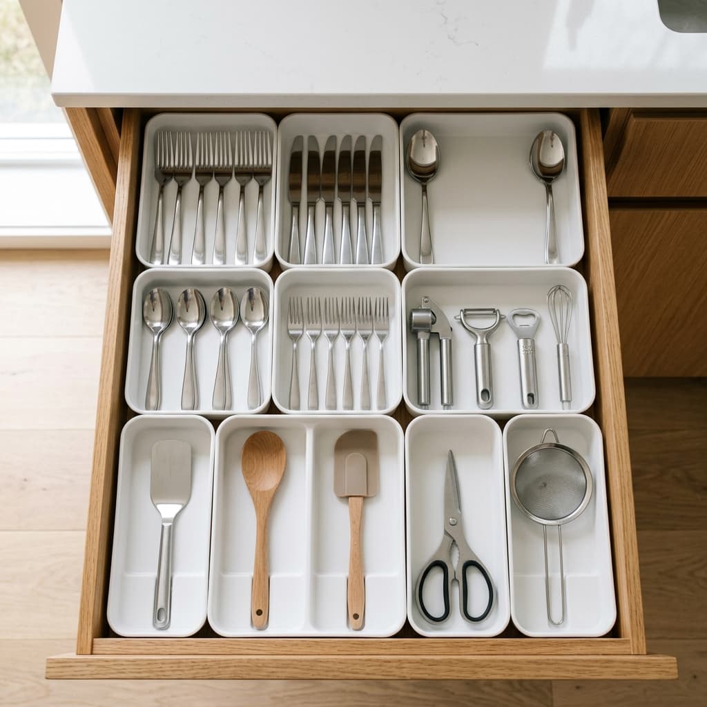 Gaveta de cozinha organizada com módulos brancos, talheres dispostos em compartimentos de medida exata.